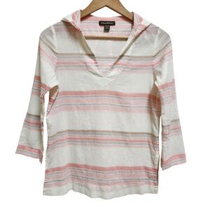 Tommy Bahama Hooded Top Women XS Pink Gray Cotton Stripe V Neck 3/4 Sleeve Beach